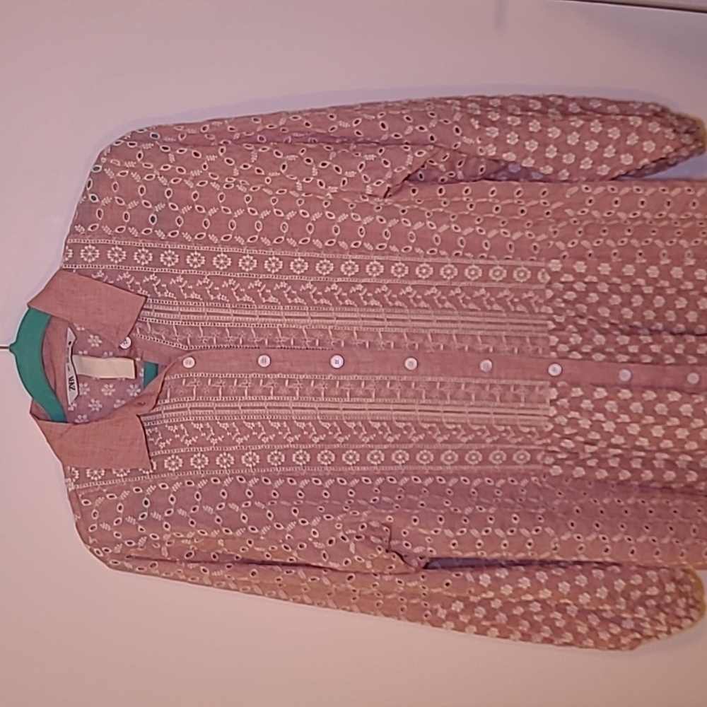 ZARA Malina Blush Pink Embroidered Floral Midi Button Shirt Dress Size Small